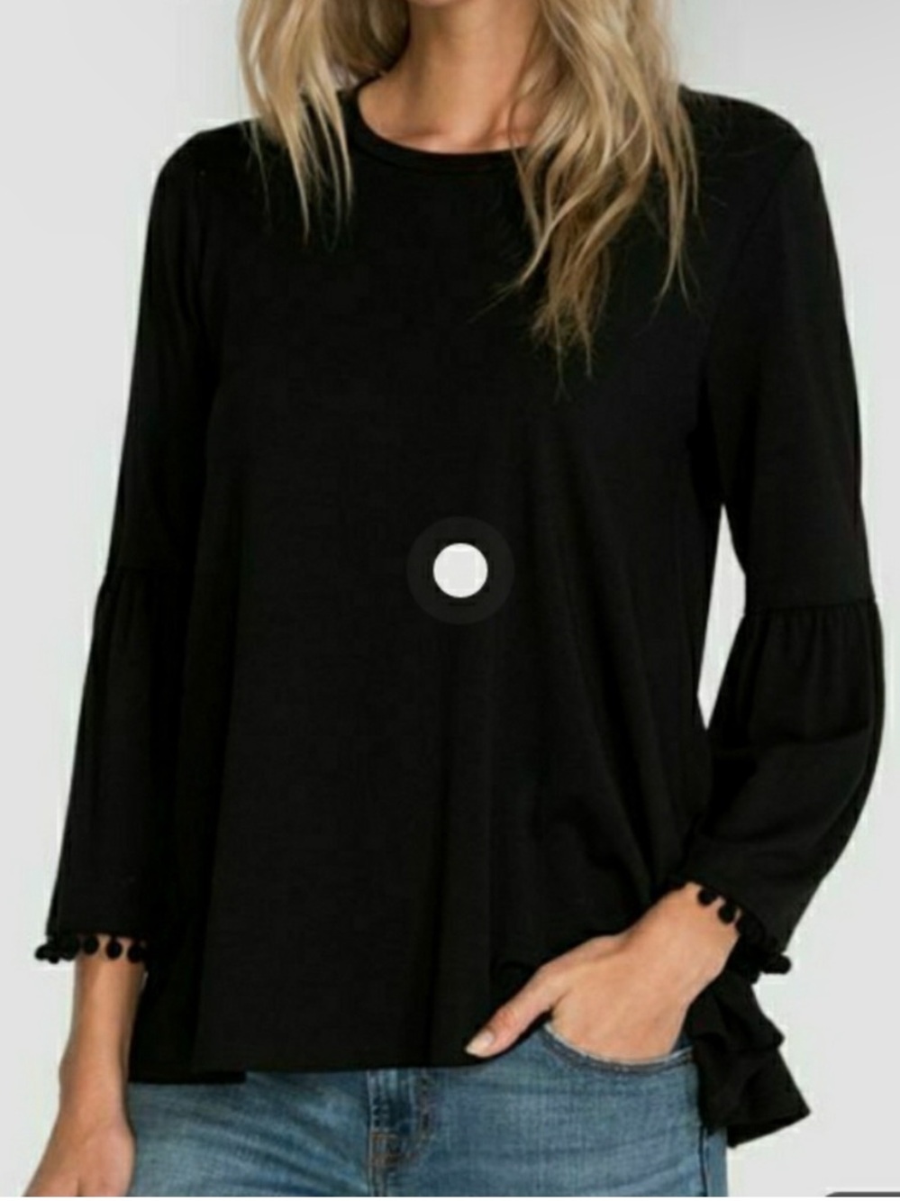 Johnny Was Calme Small Black Swin Top 3/4 Sleeve Pom Pom Trim Relaxed Bamboo